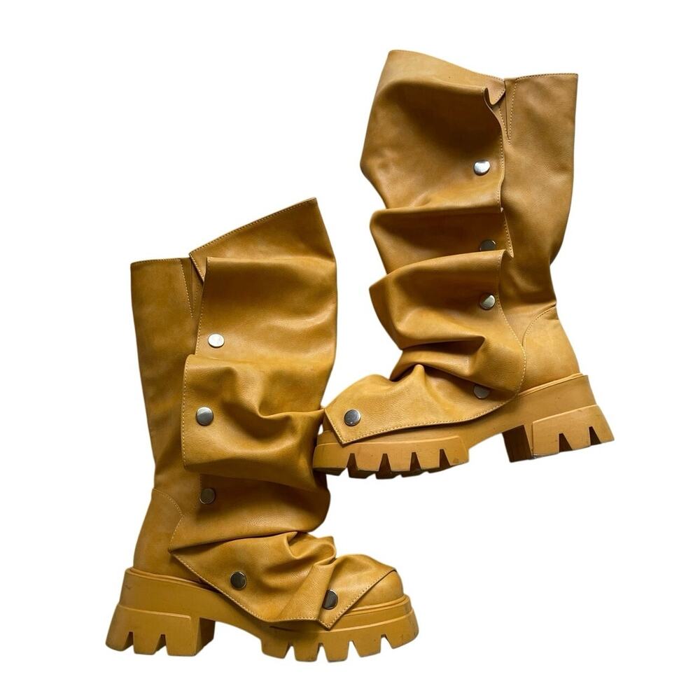 Y2K Women's Mustard Colored Mid Calf
Boots Slouchy Fold Over Boots
